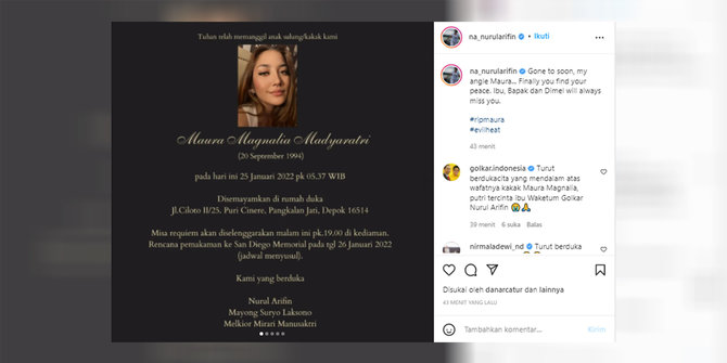 maura magnalia anak nurul arifin meninggal dunia