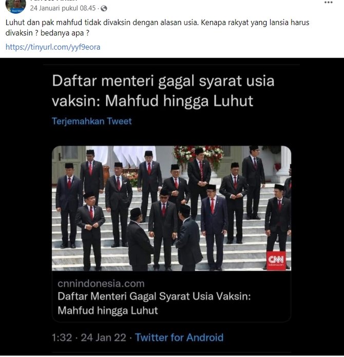 tidak benar daftar menteri tak divaksin karena faktor usia