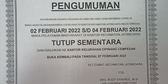 6 Pegawai Kecamatan Jatinegara Positif Covid, Pelayanan Masyarakat Ditutup Sementara