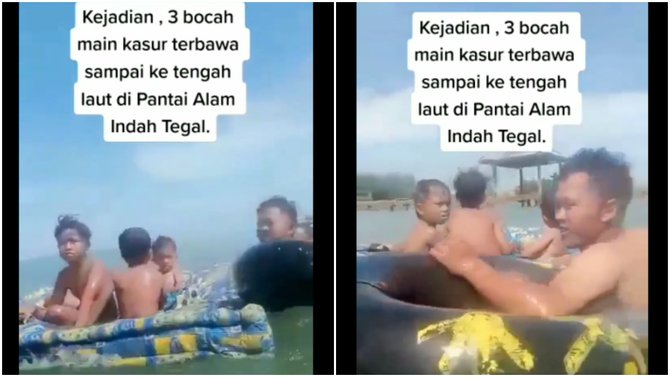 viral bocah bermain di atas kasur berujung terbawa ombak