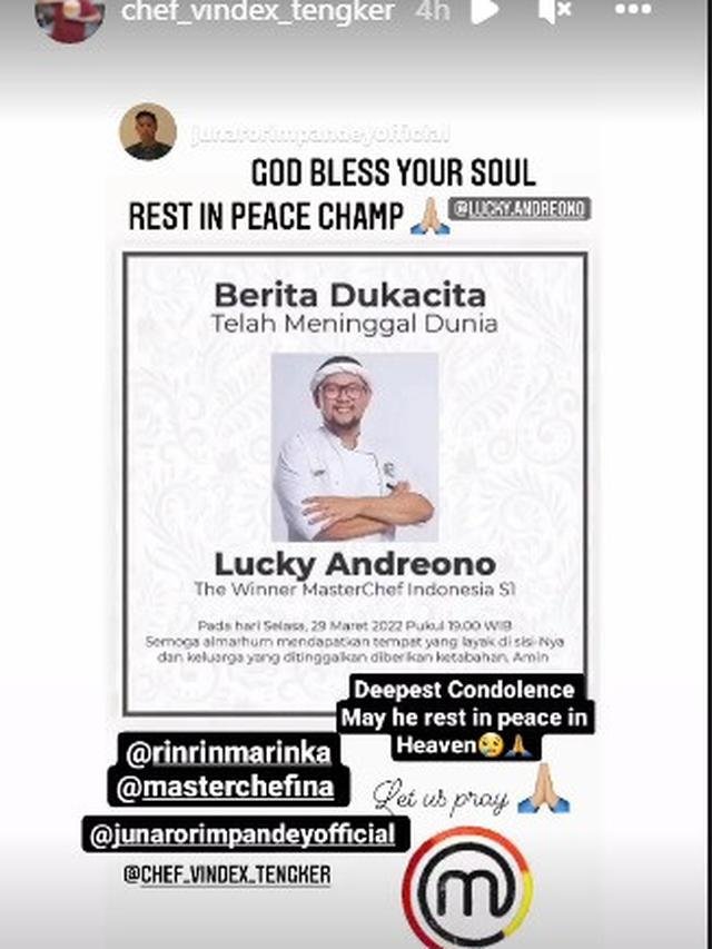 lucky andreono meninggal dunia juri dan alumni masterchef indonesia tulis ungkapan duka