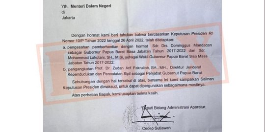 CEK FAKTA: Hoaks, Surat Penunjukan PJ Gubernur Papua Barat