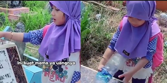 Viral Aksi Bocah Perempuan di Makam Ibunya, Curhat hingga Beri Air Minum