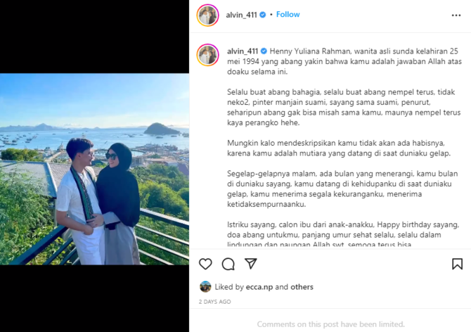 henny rahman genap usia 28 tahun alvin faiz tulis kalimat romantis