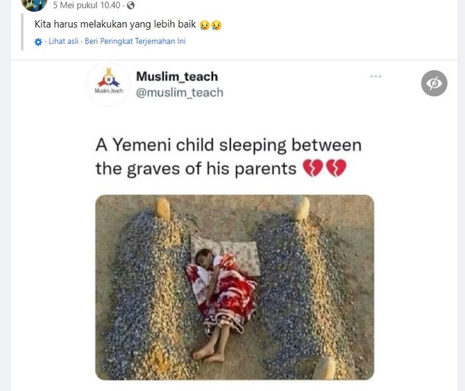 foto anak tidur di antara makam orang tuanya bukan korban perang di yaman