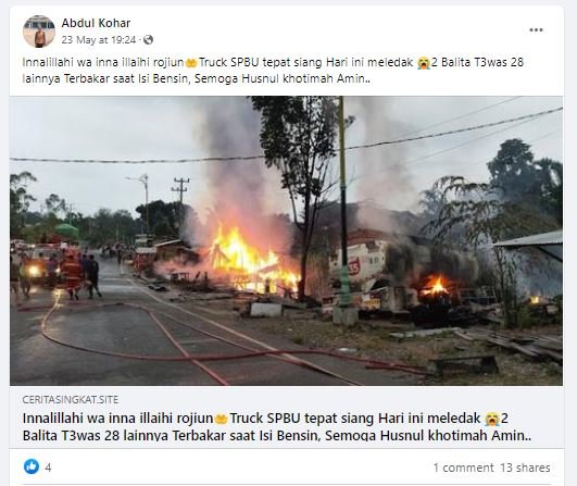 tidak benar foto kebakaran truk spbu menyebabkan 2 balita tewas