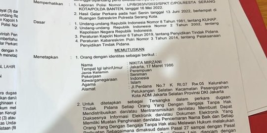 Foto Surat Penetapan Tersangka Nikita Mirzani Beredar Luas
