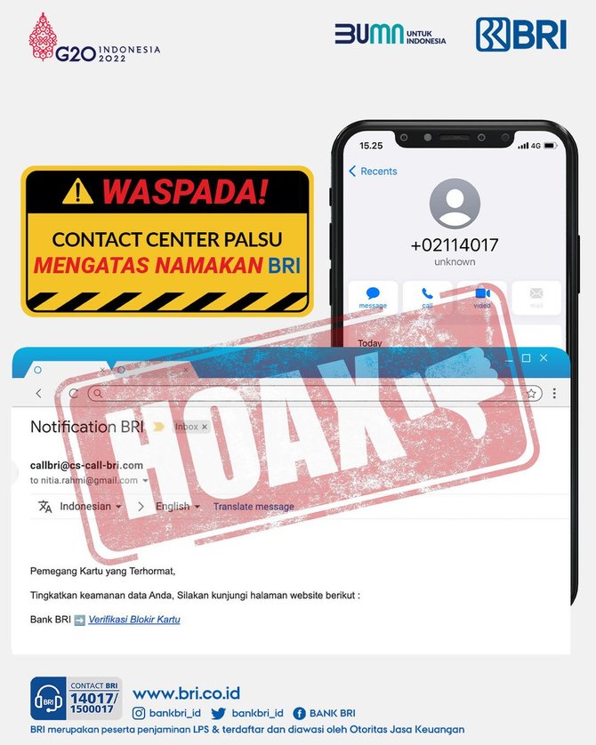 cek fakta waspada contact center palsu mengatasnamakan bri