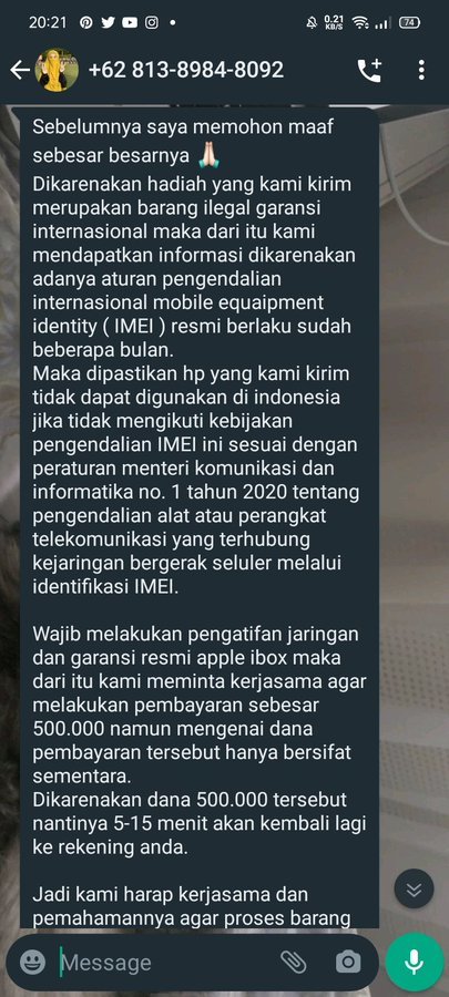 hoaks bea cukai minta bayaran rp500 ribu untuk aktifkan imei ponsel hadiah