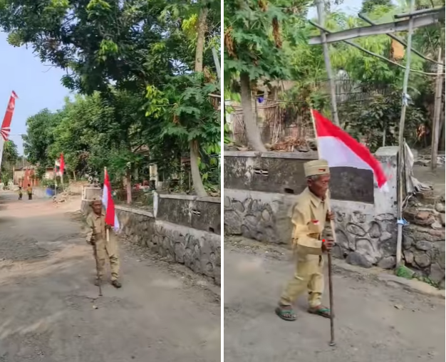 viral aksi kakek bawa bendera indonesia ke lapangan upacara banjir pujian