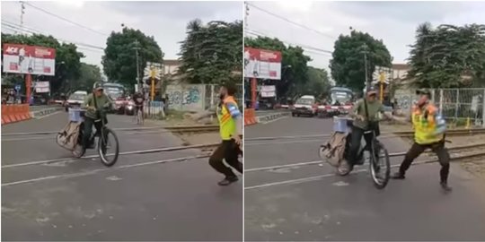 Detik-detik Kereta Api Melintas Cepat, Aksi Kakek Ini Bikin Jantung Mau Copot