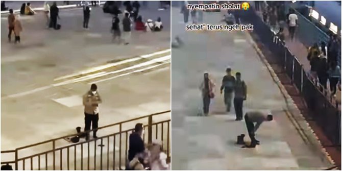 Di Tengah-tengah Tugas, Polisi Ini Sempatkan Salat di Lapangan, Dipuji Netizen
