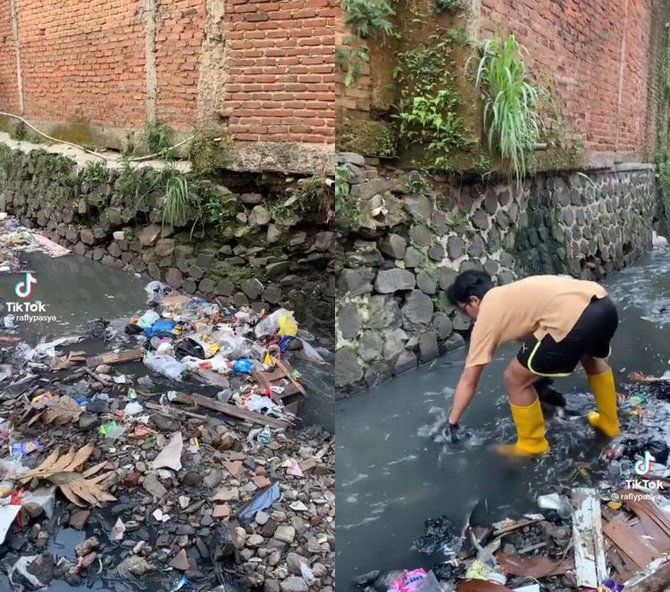 aksi pemuda bersihkan sampah di sungai