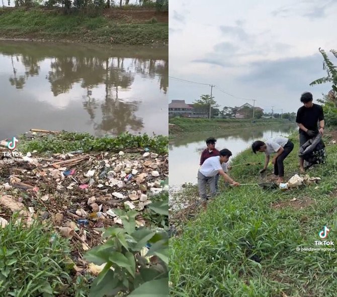 aksi pemuda bersihkan sampah di sungai