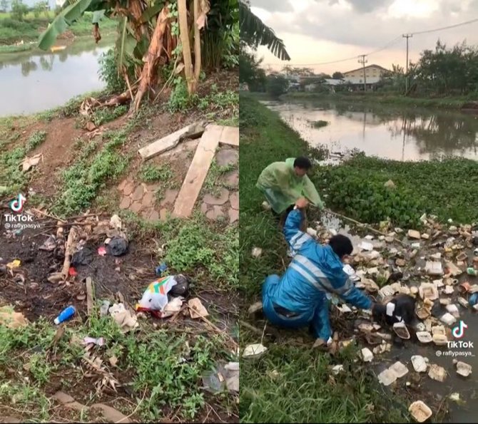 aksi pemuda bersihkan sampah di sungai