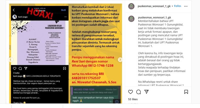 cek fakta waspada penipuan berkedok loker di puskesmas wonosari yogyakarta
