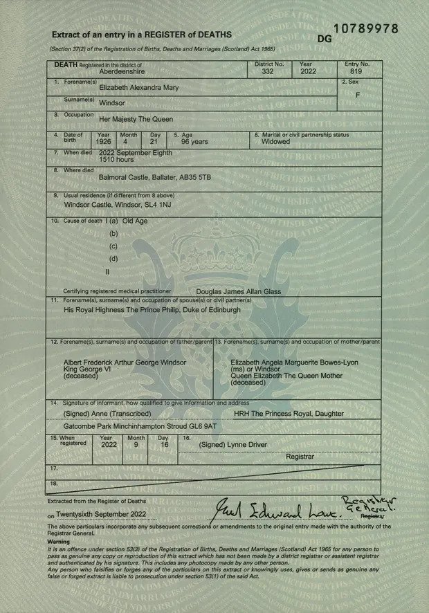 sertifikat kematian ratu elizabeth