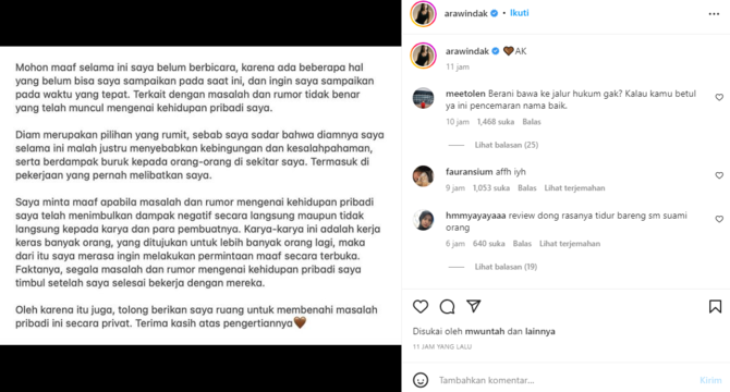 lama bungkam arawinda kirana akhirnya buka suara soal tudingan pelakor