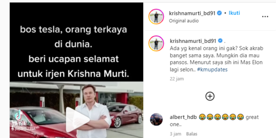 Brigjen Krishna Murti Dapat Ucapan Selamat dari Bos Tesla, Dijawab 'Sok Akrab Banget'