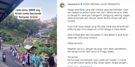 Ridwan Kamil Cari Ratusan Calon Pengantin di Jabar, Sebut Akan Tanggung Biaya Nikah