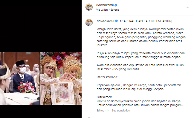 ridwan kamil cari ratusan calon pengantin di jawa barat