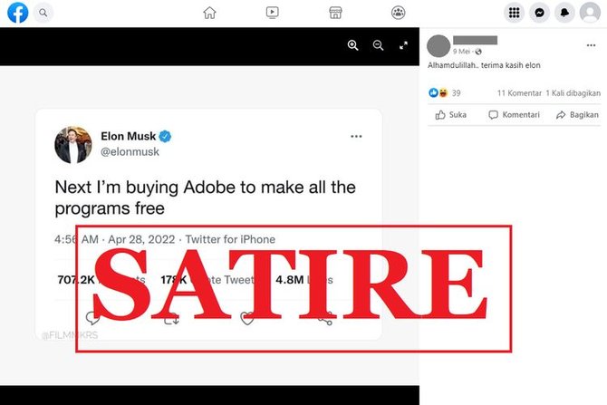Parios kanyataan henteu leres, Elon Musk tweets yén anjeunna bakal ngagaleuh Adobe