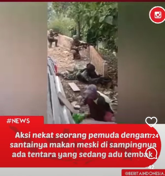 nekat viral pemuda santai makan di dekat tentara adu tembak