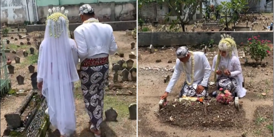 Masih Pakai Baju Pengantin, Pria Ini Nazar Foto di Makam Ibunda Usai Menikah