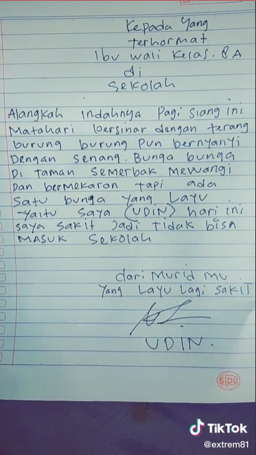 surat izin yang dibuat siswa smp ini curi perhatian isinya begitu puitis