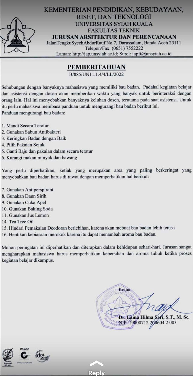 viral surat dosen universitas syiah kuala keluhkan bau badan mahasiswa