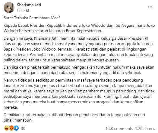 postingannya dianggap olok iriana kharisma jati tulis pesan buat jokowi sekeluarga