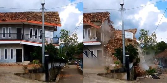Detik-Detik Rumah 2 Lantai Tiba-Tiba Ambruk, Warga Teriak "Allahu Akbar"