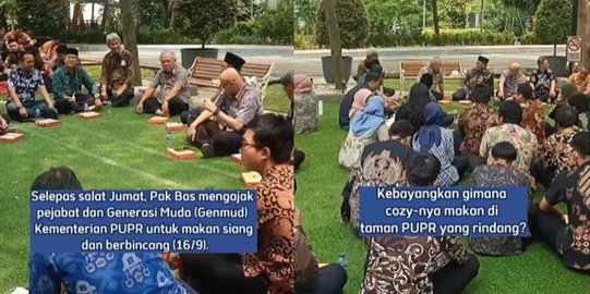 Momen Menteri Basuki Makan Siang bareng Anak Buah, Lesehan di Taman yang Super Cozy