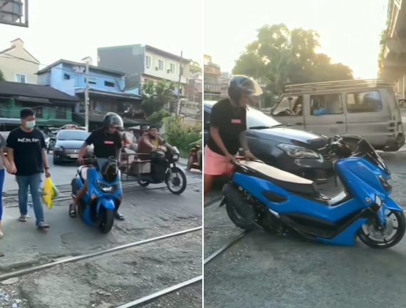 dimodif ceper pengendara motor ini dibuat kesulitan saat lewati lintasan rel kereta