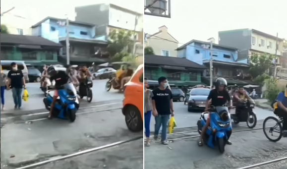 dimodif ceper pengendara motor ini dibuat kesulitan saat lewati lintasan rel kereta