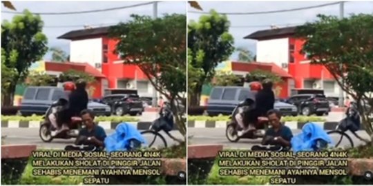 Sholat di Pinggir Jalan Sambil Temani Ayah Kerja, Mukenah Anak Ini Jadi Sorotan