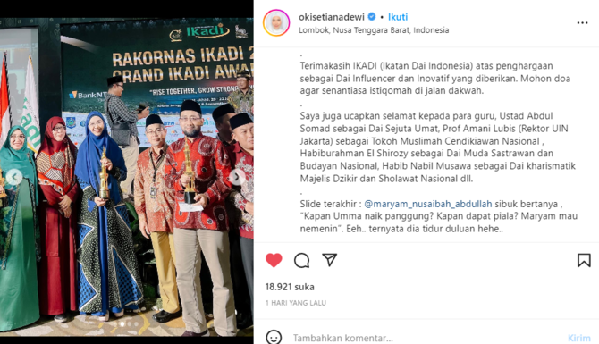 raih penghargaan dai influencer inovatif oki setiana dewi ungkap kebahagiaannya