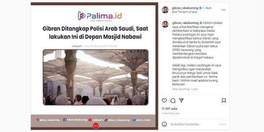 Gibran Respons Kabar Ditangkap di Masjid Nabawi: Bukan Saya, Itu Putra Ketua DPRD