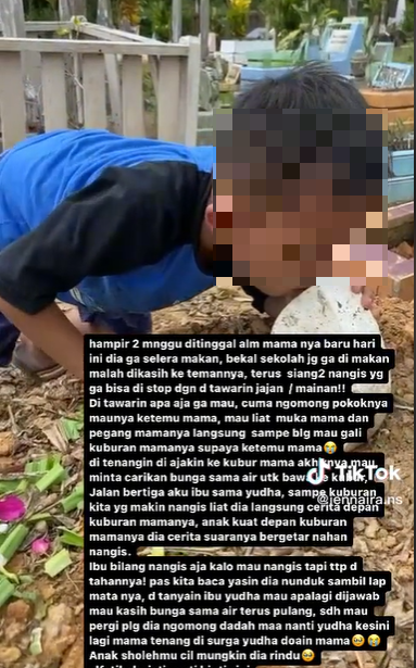 viral momen bocah tertunduk sedih di makam ibunya bikin nyesek