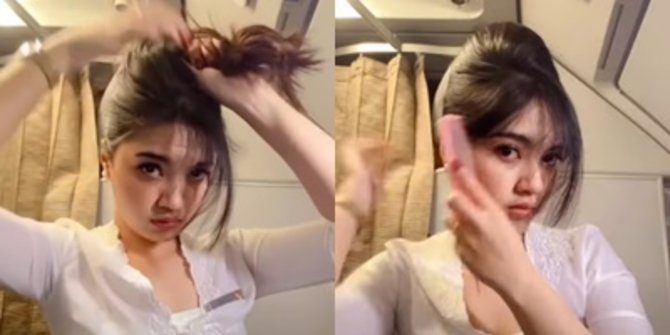 Momen Gemesin Pramugari Cantik Menata Rambut di Dalam Pesawat, Kece Banget