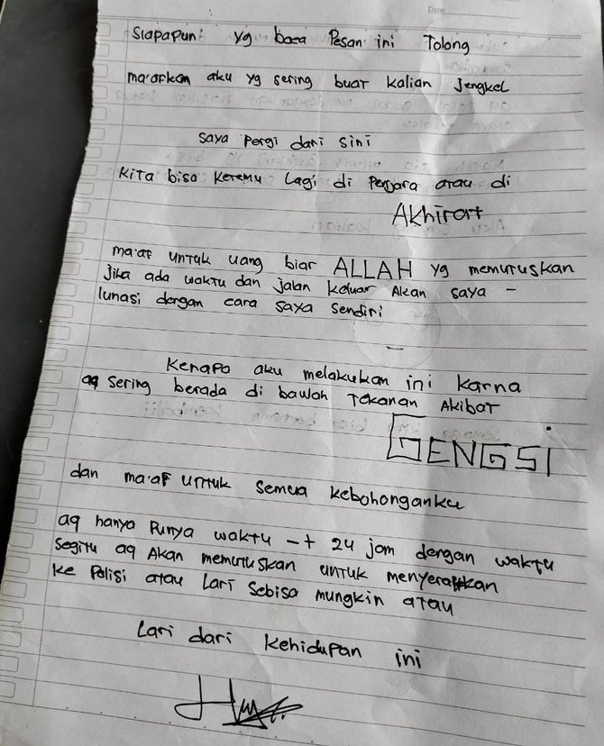 pelaku mutilasi di kaliurang buat surat penyesalan ini isinya