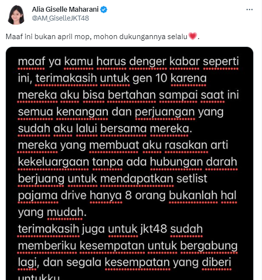 resmi keluar dari member jkt48 alia giselle tulis pesan haru