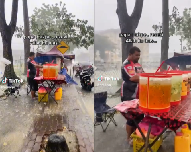 viral penjual es kehujanan tetap tegar meski barang dagangan tercampur air hujan