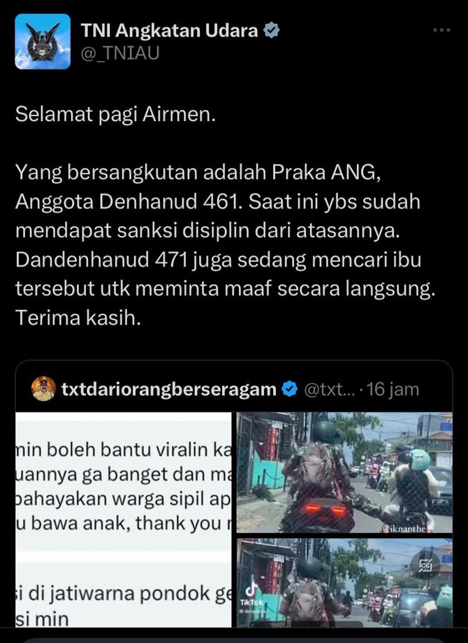 sosok pria berseragam tni tendang motor ibu dan anak terungkap dapat sanksi disiplin