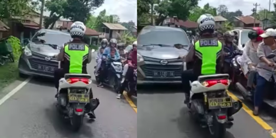 Tegas! Polisi Halangi Mobil yang Melawan Arah, Terus Mundur sampai Keluar Jalan