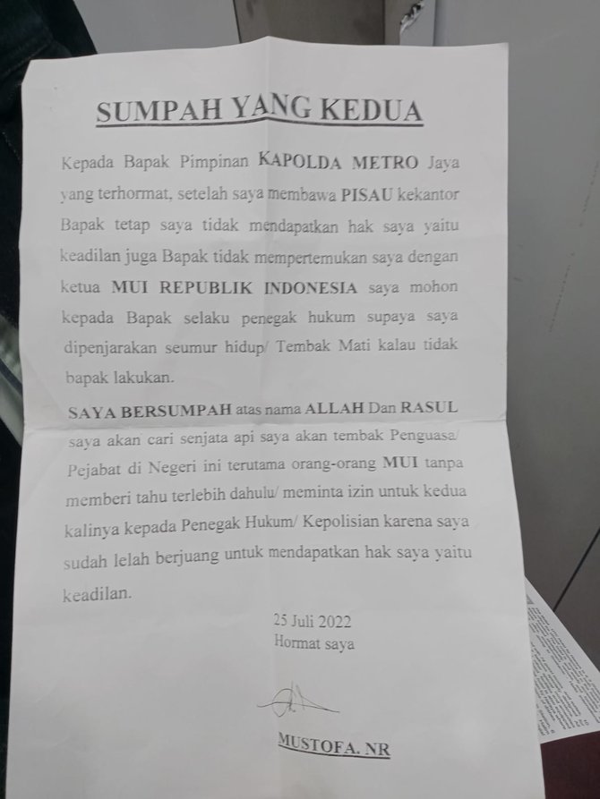 surat pelaku penembakan mui