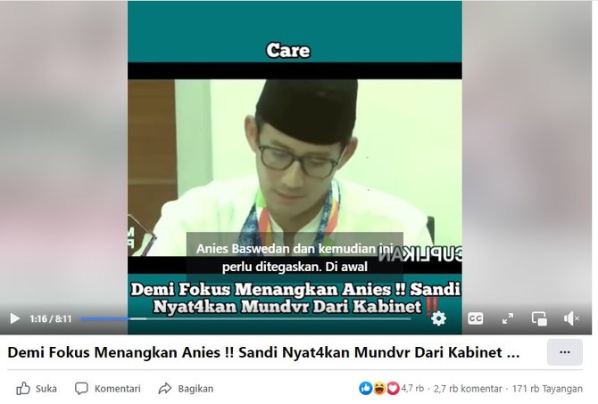 video sebut sandiaga mundur jadi menteri demi jadi timses capres anies cek faktanya