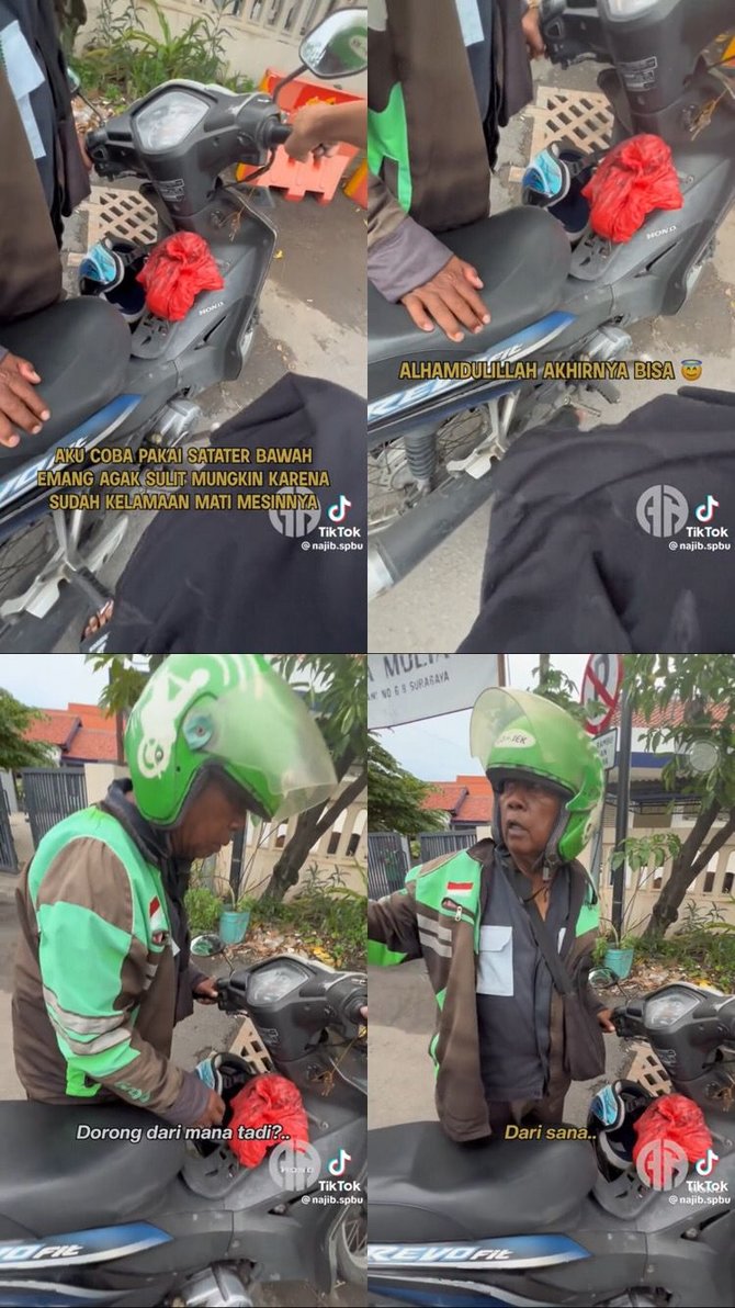 viral driver ojol tua dorong motor karena mogok menangis haru saat diberi bantuan