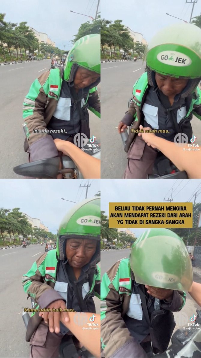 viral driver ojol tua dorong motor karena mogok menangis haru saat diberi bantuan