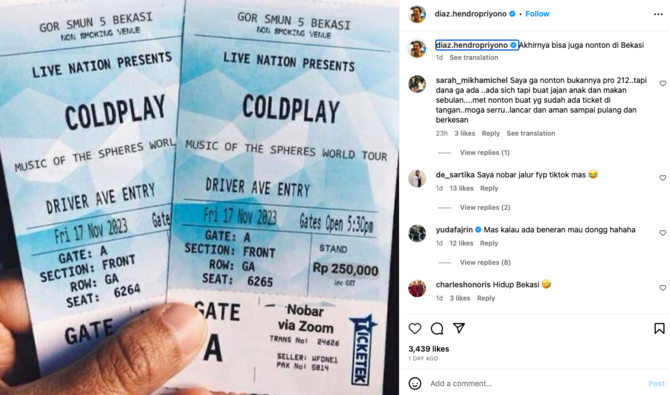 ipar eks panglima tni pamer tiket coldplay lokasi konser jadi sorotan